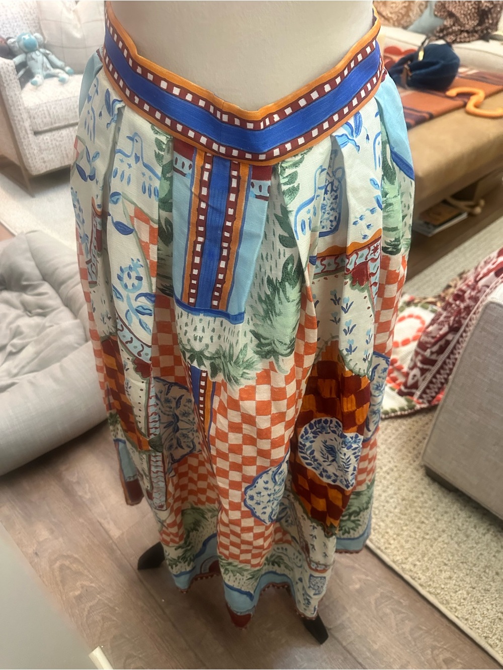 HUNTER BELL Orange & Blue Patchwork-Print Button Midi Skirt - Picture 2 of 2